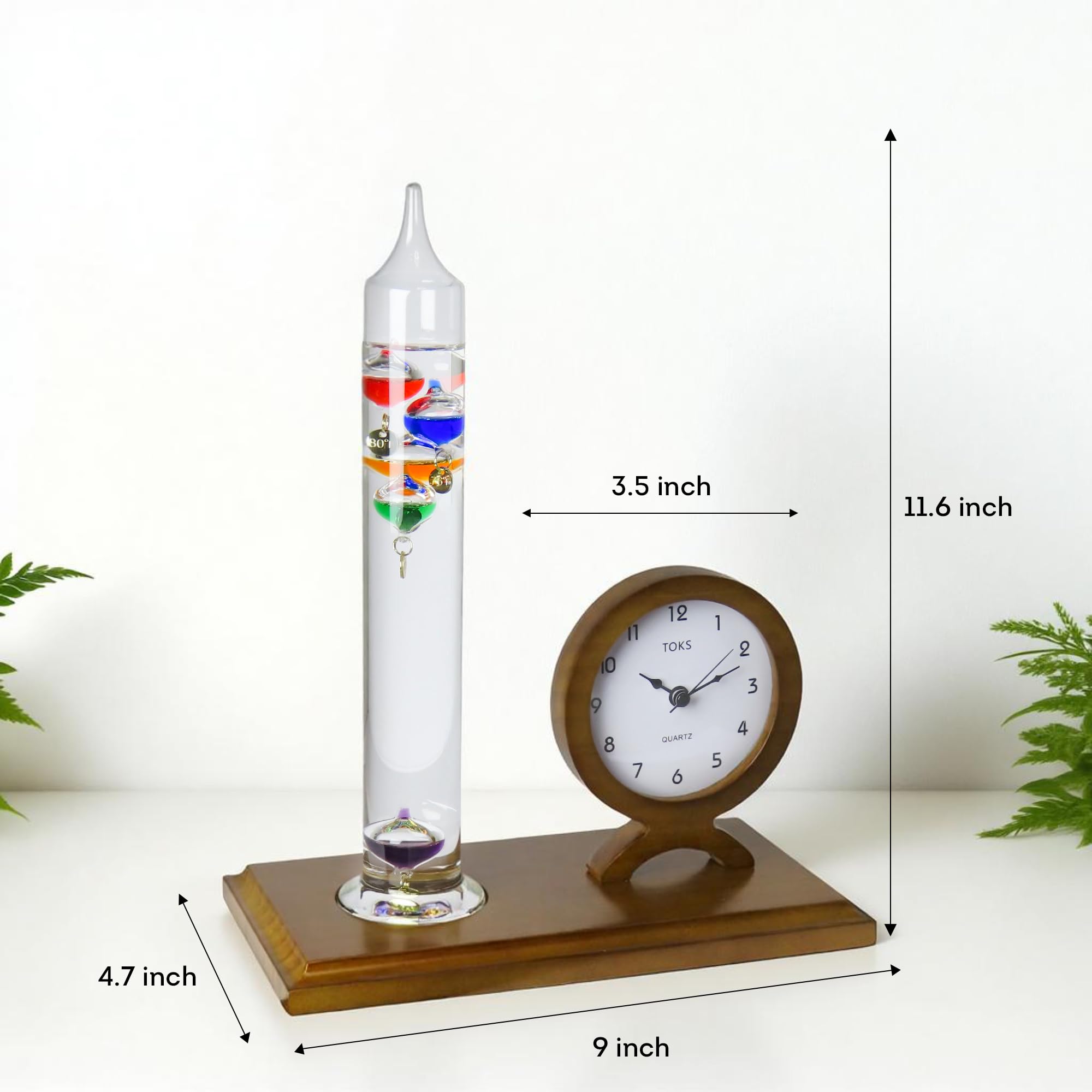 Lily's Home Galileo Termometro con Orologio - 5 Sfere - Gamma 64ºF-80ºF - Orologio con Movimento Silenzioso - Elegante Design 2 in 1 - Regalo Ideale per Arredamento Casa/Salotto - Termometro Galileo