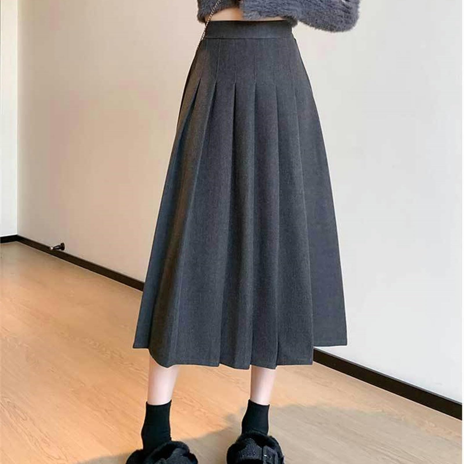 Gonna Lunga Donna Gonna Plissettata di Lana Spessa Donna Autunno E Inverno A Vita Alta Slim Loose di Grandi Dimensioni Elastica di Media Lunghezza-Grigio Scuro (esteso)-s