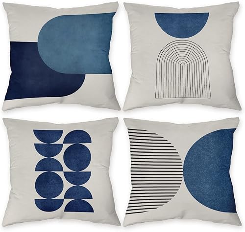 Znzd Juego de 4 fundas de almohada bohemias de arte minimalista moderno y abstracto de mediados de siglo, color azul para decorar el hogar, sala de