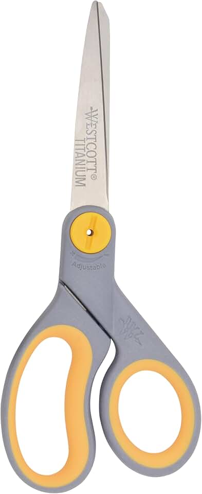 Westcott Tesoura colada de titânio de 20 cm com função deslizante ajustável para escritório e casa - cinza/amarelo
