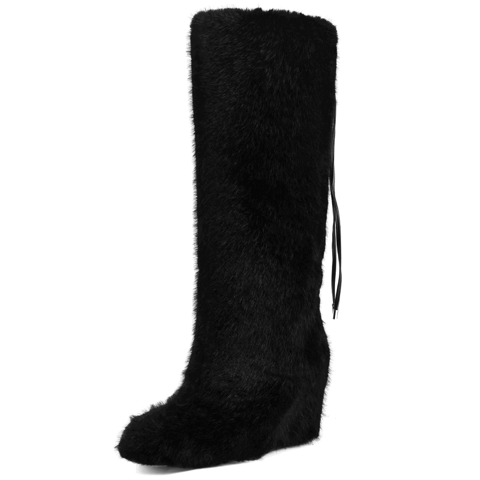 Womens Knee High Boots Faux Fur Fluffy Boots Warm Plush Suede Round Toe Wedge Vintage Fashion Boots with