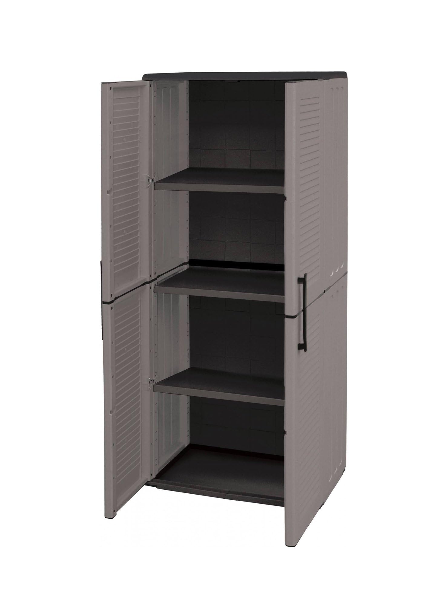 Dmora - Armadio da esterno Clavier, Mobile da balcone, Armadio multiuso con ripiani, 100% Made in Italy, 68x37h163 cm, Grigio e Nero, Finitura righe