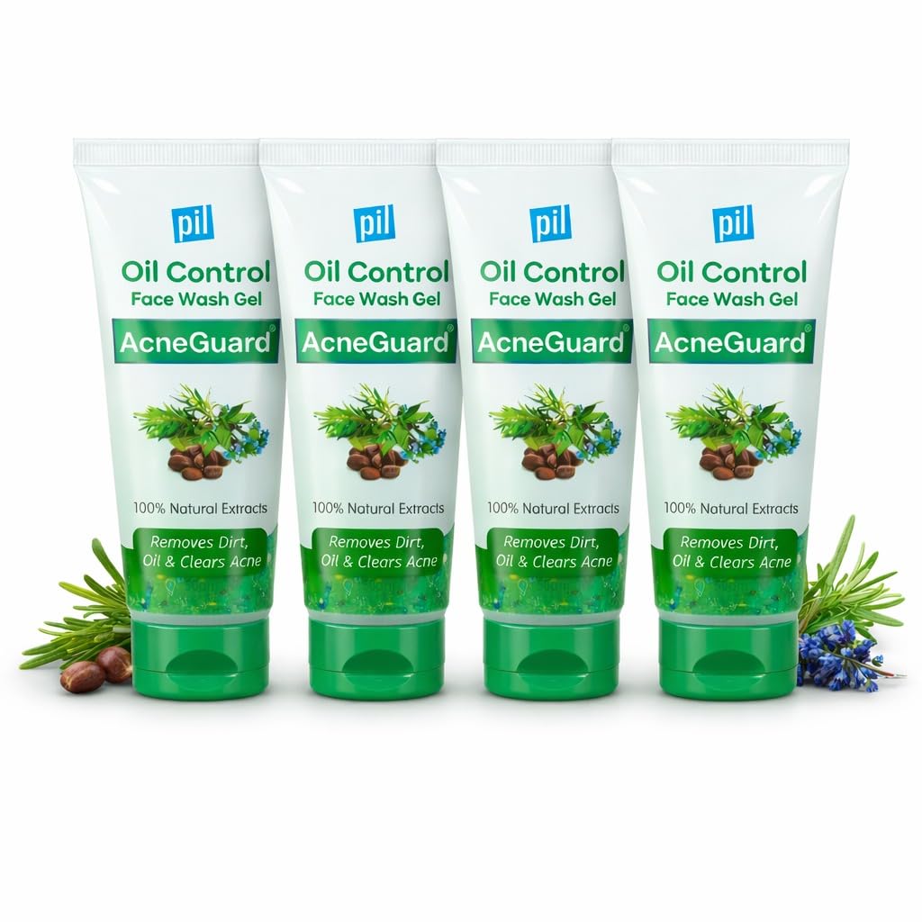 Pil Acneguard Face Wash Gel | Clears Acne, Pimples & Clogged Pores with Jojoba oil , Vitamin E & Tea Tree Oil | Perfect Blend Of Natural Ingredients | Deeply Cleanses, Gentle & Refreshing (50g Each, Pack of 4)