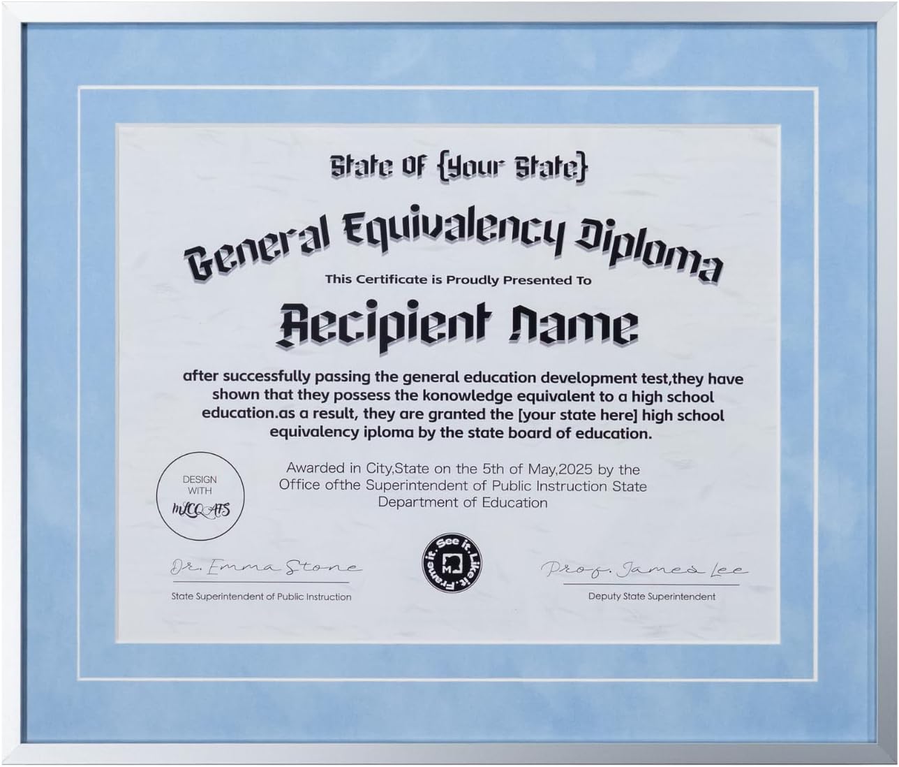 11x14 Diploma Frame with Baby Blue Suede V-Groove Mat, Matte Silver Aluminum Alloy, Wall or Tabletop Display for Certificates, Photos, or Artwork, Fits 15x18 without Mat.