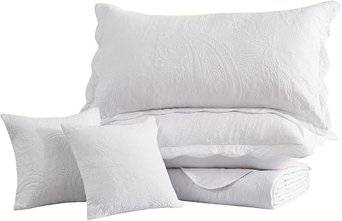 Vista 8 de Colcha extragrande tamaño King, funda de cama ligera ultrasónica, patrón de cachemira, reversible, 5 piezas, 100% microfibra, blanco puro 1-amarillo