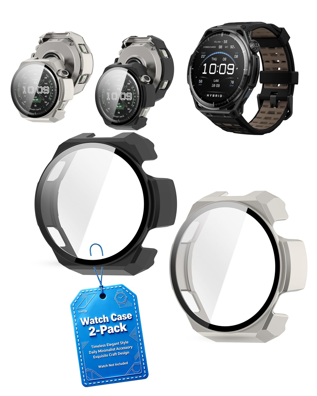 Pack de 2 fundas para Amazfit Balance 3, diseño integrado 2 en 1 con PC + vidrio templado 9H, resistente a arañazos y golpes para una protección completa, color negro y titanio mate