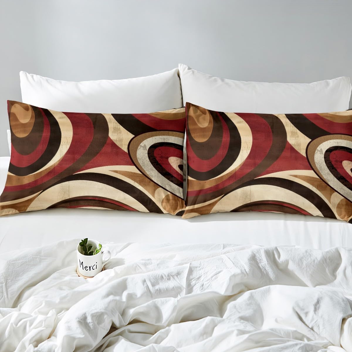 Feelyou Stripes Circle Bedding Duvet Cover Set Full Size Burgundy Brown Bedding Set for Kids Boys Girls Decor Abstract Comforter Cover Set Geometric Bedspread Cover Bedroom Bedclothes