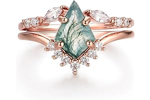 Vintage Wedding Ring Set: Natural Moss Agate Gemstone 925 Sterling Silver