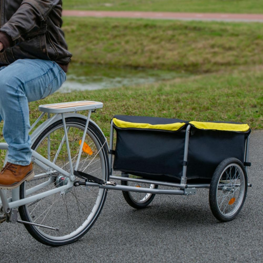 Dunlop Rimorchio Bici - Carrello per Bici per Oggetti per Bagagli Pieghevole - Carrello per Bicicletta con Catarifrangenti e Copertura Antipioggia Regolabile - Giallo
