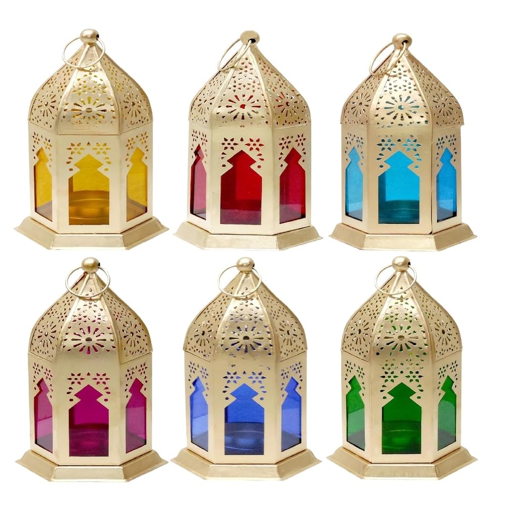 PALMY HANDICRAFTS Iron Tealight Holder Hanging Lantern Moroccan Tabletop & Home Decor with Wax (5 Pack 1 Piece Free with 6 Candle) (9 X 9 X 17 Centimeters) Adjustable-image-12