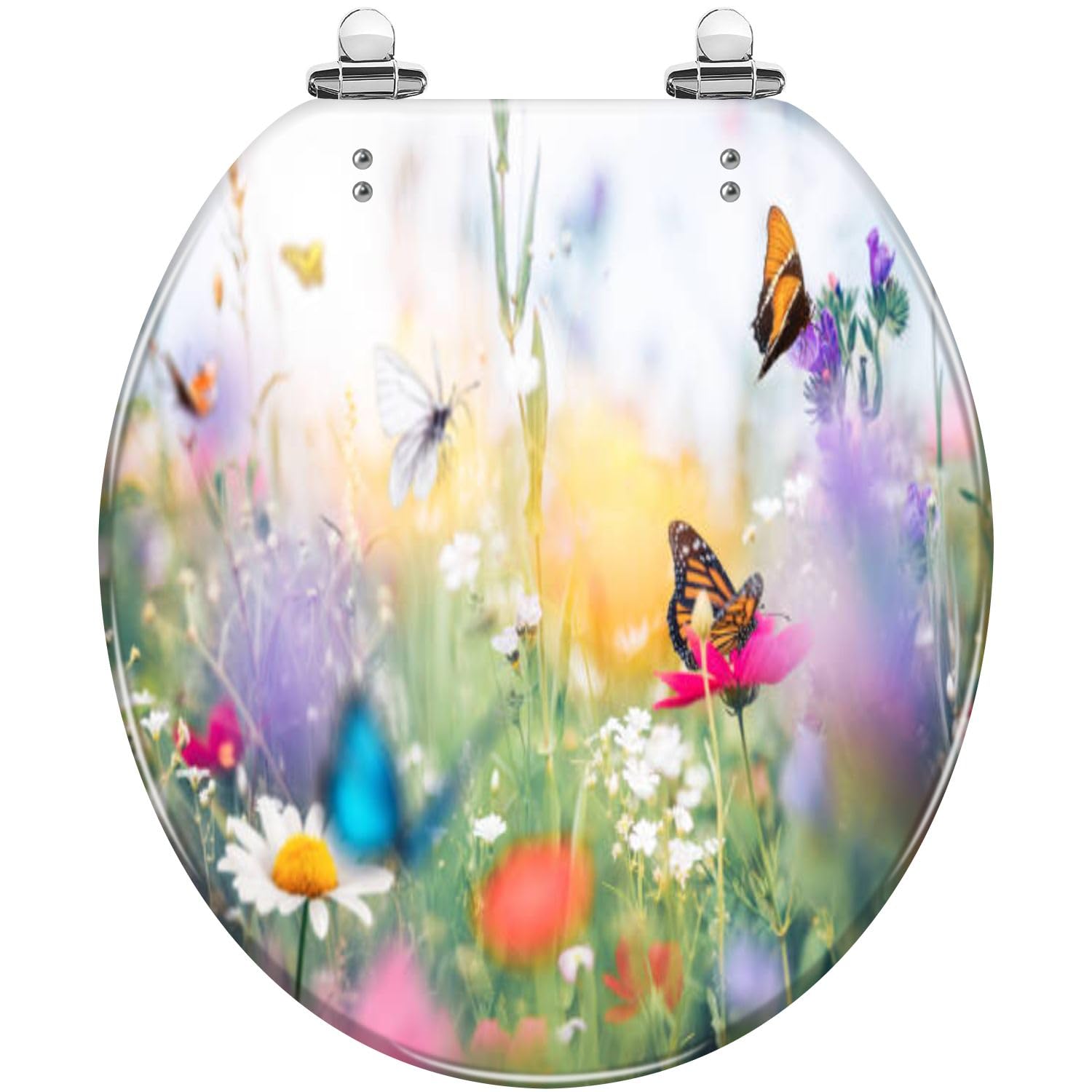 Round Meadow Butterflies Resin Toilet Seat Quiet Slow Close Quick-Release Hinges Easy to Clean(Multi2)