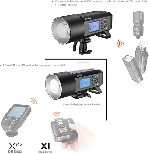 Vista 30 de Godox AD300Pro - Luz flash estroboscópica para exteriores, 2.4G inalámbrica 300 Ws TTL 1/8000s 320 veces flash de potencia completa, batería