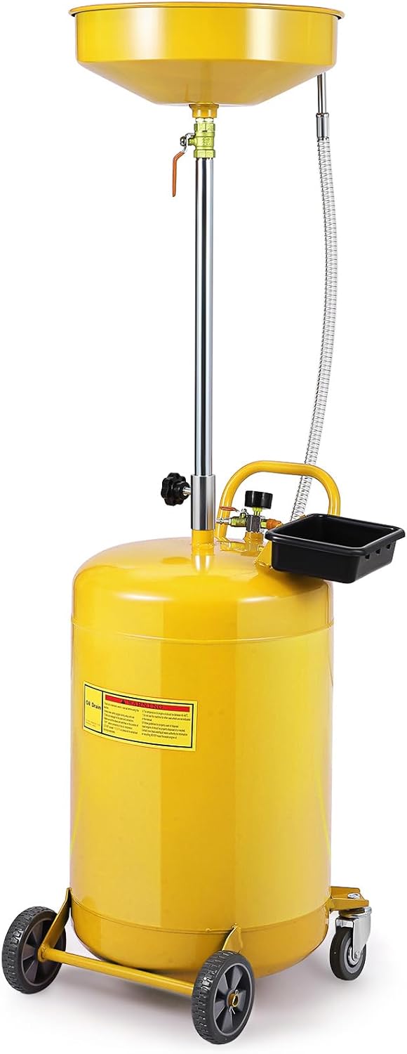 20 Gallon Waste Oil Drain Tank, Portable Oil Drain Container, Air Operated Drainer, Fluid Fuel Transfer Drainage, Adjustable Funnel Height with Wheel &15'' Premium Bowl and a Toolbox.