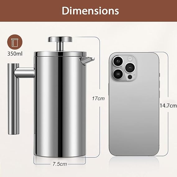Cafetiere French Press Small 350ml/12oz, Cafetiere Stainless Steel Double-Wall Metal Insulated Coffee Press, 3 Level Filtration System with 3 Extra Filter Screens, (1cup)