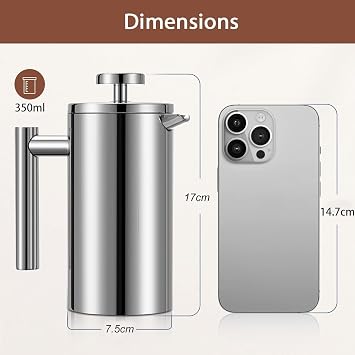 Cafetiere French Press Small 350ml/12oz, Cafetiere Stainless Steel Double-Wall Metal Insulated Coffee Press, 3 Level Filtration System with 3 Extra Filter Screens, (1cup)