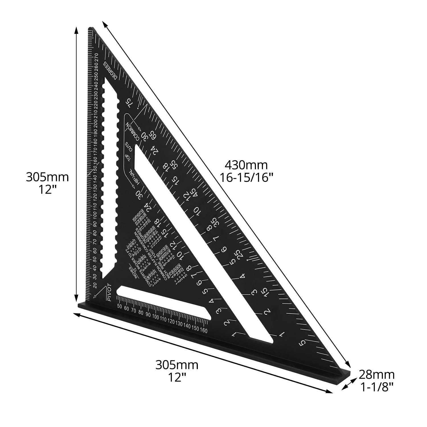QWORK®équerre de menuisier 300 mm, aluminium, règle triangulaire métrique, outil de mesure pour menuisier, noir