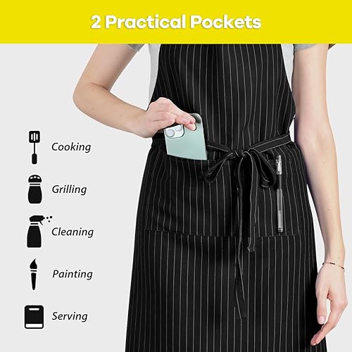 Miniatura 5 de ROTANET Delantal elástico a rayas para hombres y mujeres, delantales grandes a rayas grandes con bolsillos para cocina y cocina, impermeable