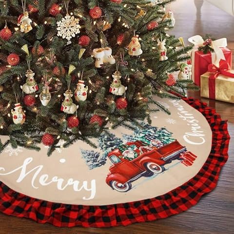 CandyHome 48 Inch Christmas Tree Skirt Red & Black Buffalo Plaid Edge Burlap Tree Skirt with Gnome Red Truck Merry Christmas Base Cover for Home New Year Holiday Christmas Tree Decorations Cover