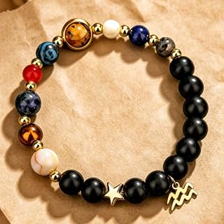 Solar System Planet Bead Zodiac Sign Stretch Bracelet for Men Women