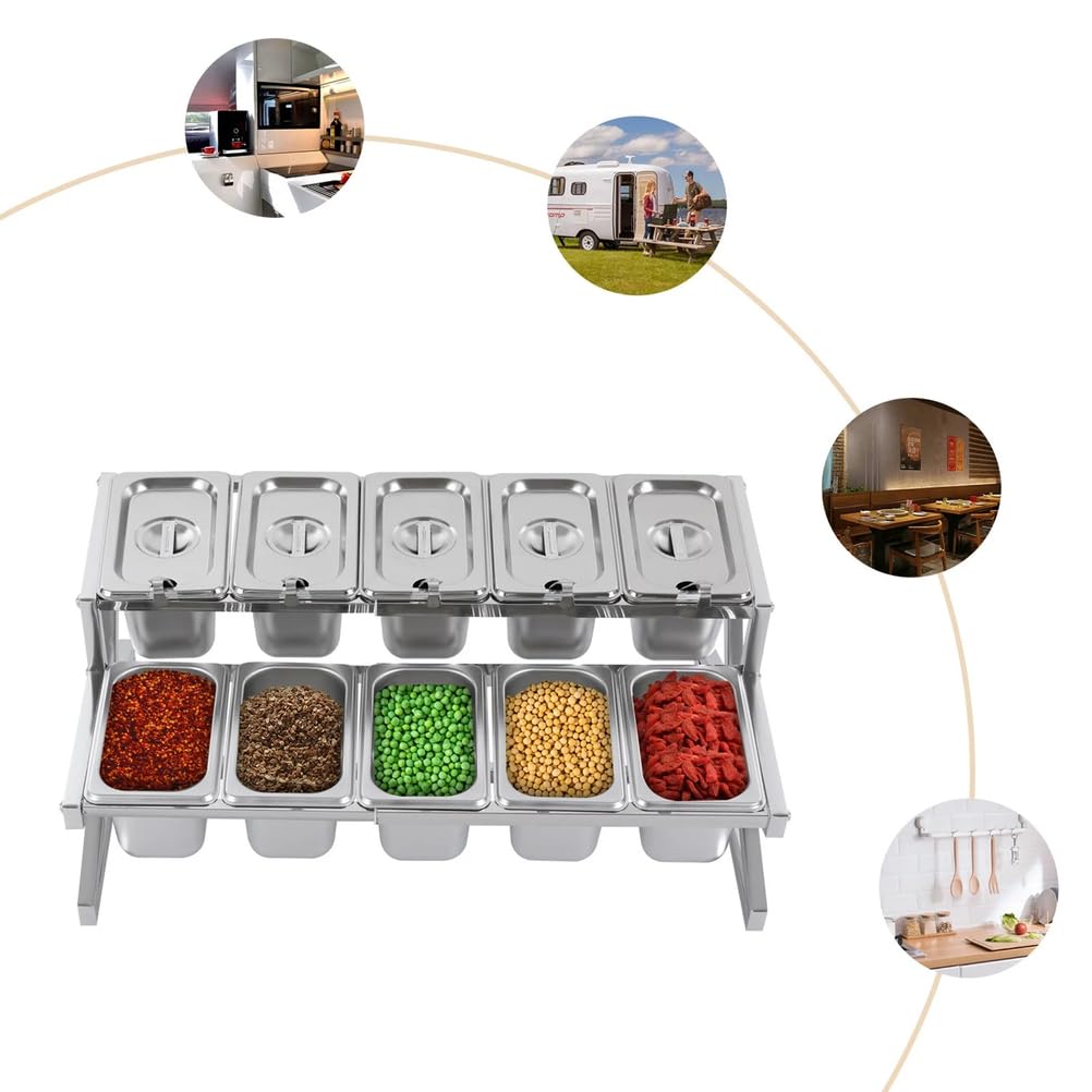 Estante expandible de acero inoxidable para especias, organizador de condimentos con sartenes y tapas de alimentos de 10 1/9 para condimentos, salsas, ingredientes, guarniciones, frutas