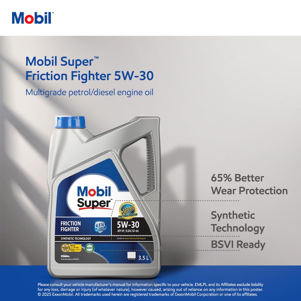 Mobil Super Friction Fighter 5W-30 Multigrade Petrol/Diesel Engine Oil (3.5L) - Image 4 thumbnail