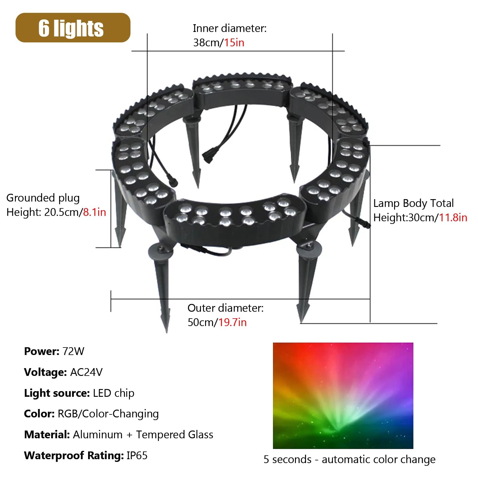 Oświetlenie krajobrazowe LED, zewnętrzne oświetlenie LED RGB na drzewa, reflektor ogrodowy 24 V, zmieniające kolory, wodoodporne, duże drzewa i podwórka, dekoracja imprezowa, zestaw 6 sztuk
