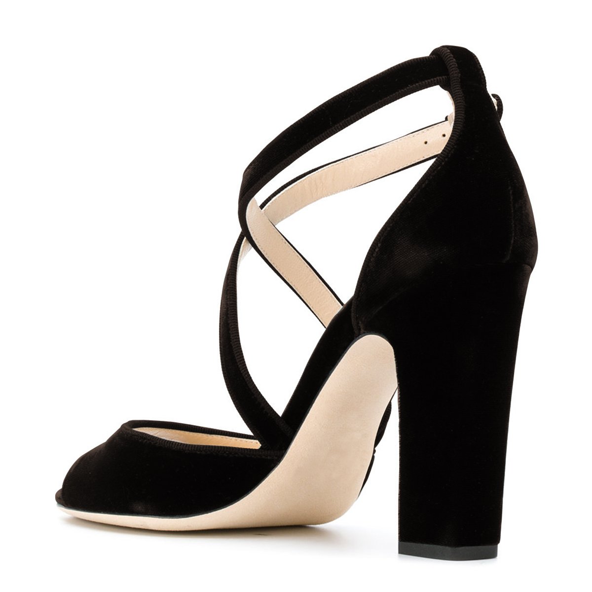 FSJ Women Elegant Peep Toe Sandals Chunky High Heel Pumps Cross Strap Velvet Suede Dress Pumps Size 4-15 US: 10 Black