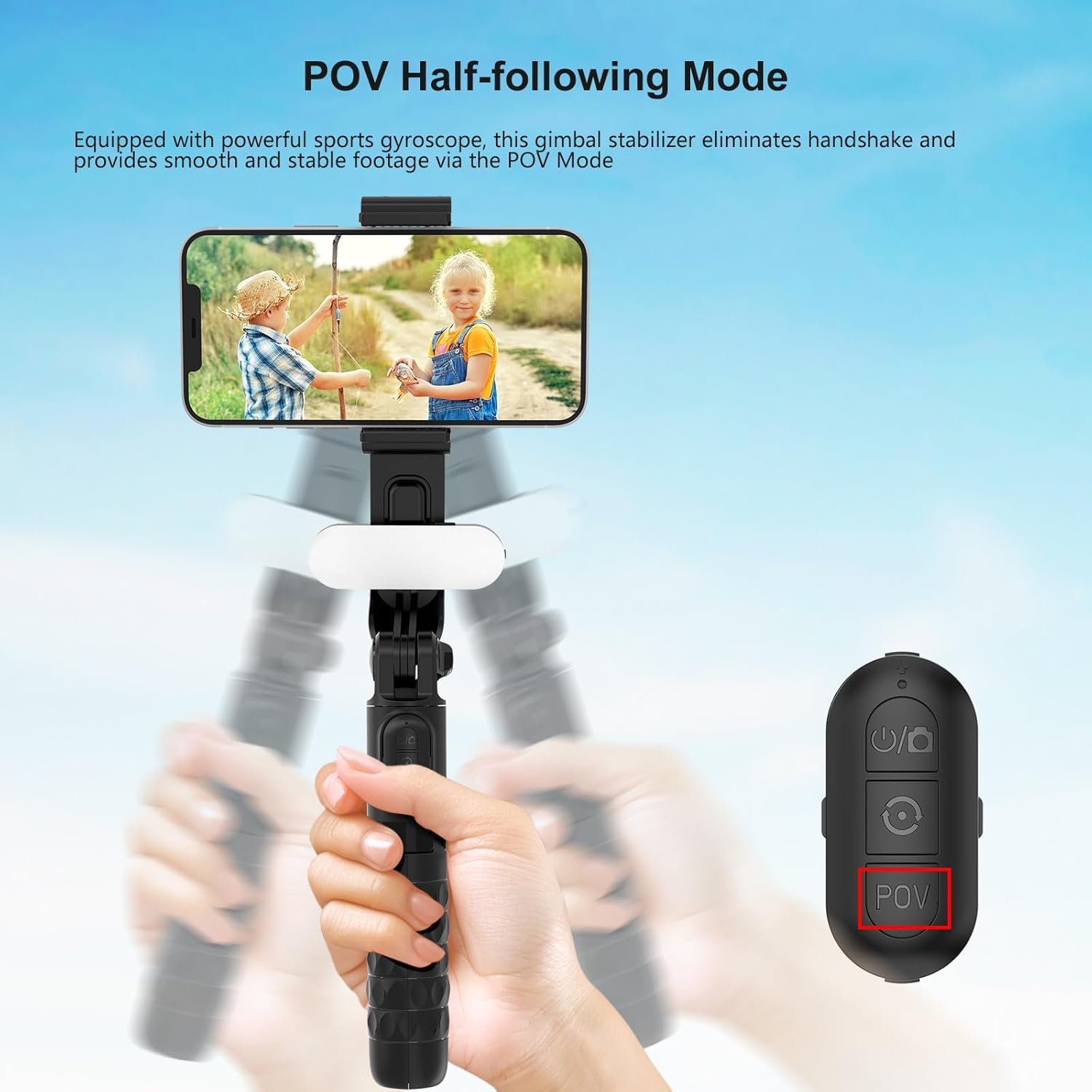 Stabilizzatore cardanico per smartphone, selfie stick per iPhone treppiede con luce di riempimento e telecomando wireless, giunto cardanico a 1 asse per fotocamera del telefono cellulare e