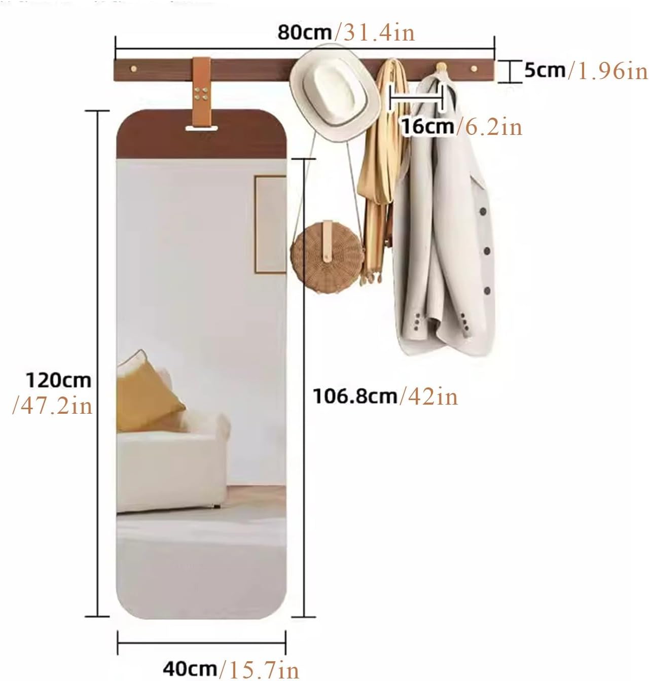 Wall Mounted Coat Rack with Mirror, Hook Rack Shelf with 3 Hooks for Hallway Entryway Decor(A)