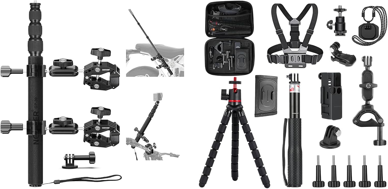 NEEWER GP-30 Motorcycle Mount Kit + Basics GP-52 16 in 1 Accessories Kit for Action Cameras, Bicycle Handlebar Invisible Selfie Stick Compatible with GoPro Insta360 DJI AKASO Action Cameras