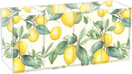 CHIFIGNO Soporte para bolígrafo vintage de hojas verdes limón para escritorio, lindo soporte para bolígrafo, 4 compartimentos, soporte para brochas