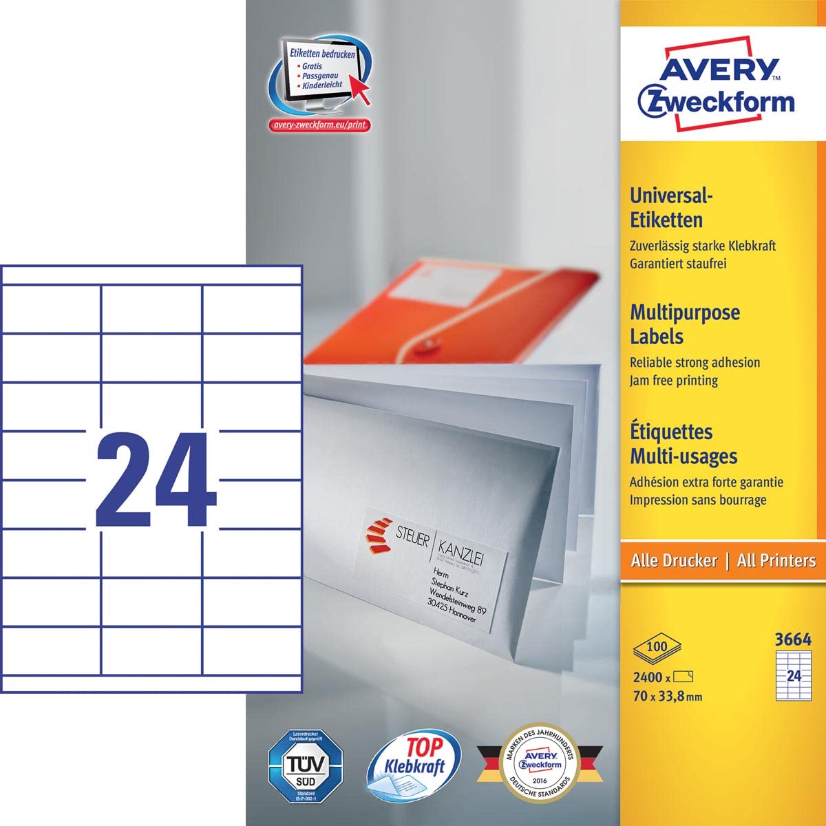 Avery Italia A4 (210 x 297 mm), 2400 etichette (100 fogli x 24), colore: Bianco