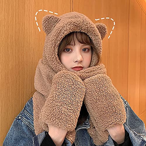 Cute Bear Scarf with Ears Youth Hat Winter Warm Plush Hat Cold Winter Gift for Kids（Brown）3