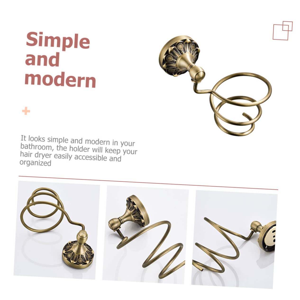 Soporte para Secador de Pelo de Pared, Cobre Dorado, Diseño Espiral, Almacenamiento Colgante, Adecuado para Baño