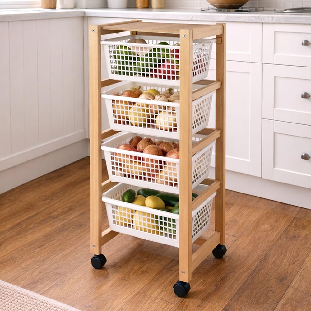 Compactor Carrello con Ruote Portatutto in Faggio con Cesti in Plastica – Carrello Cucina Mobile Salvaspazio 30x44x88 cm