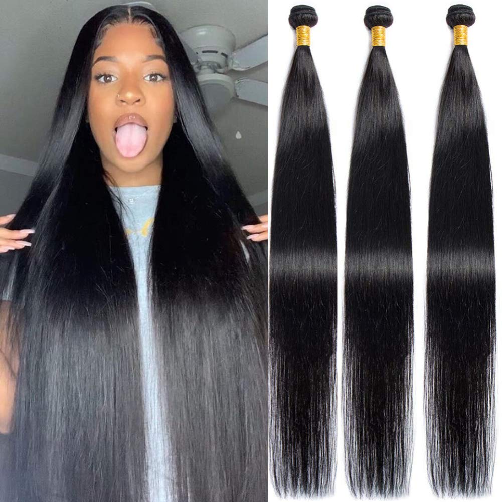 10A Brazilian Virgin Straight Hair 3 Bundles 40 40 40 Inches 100% Unprocessed Msgem Long inch Silk Straight Hair Bundles Natural Black Color Can Be Dyed and Bleached