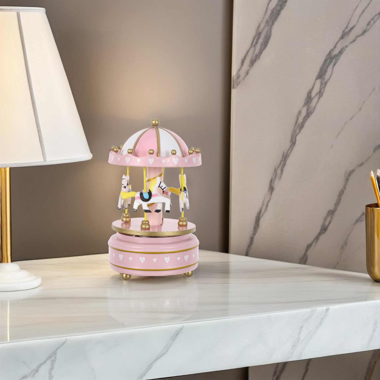 Caja de Música Carrusel Giratoria para Niña con Caballos Color Rosa Tamaño 3 de Madera y Plástico Caja Musical Mecánica de Cuerda Adecuado para Obsequio de Cumpleaños y