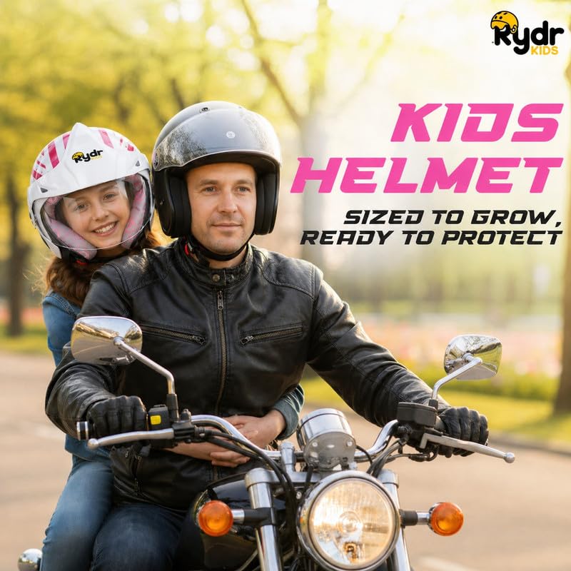 Image of Rydrkids Star S-Peak Nova Pink Kids Motorcycle Helmet with Visor & Peak - Size S 3 to 7 Years, Lightweight & Adjustable Safety Helmet for Girls