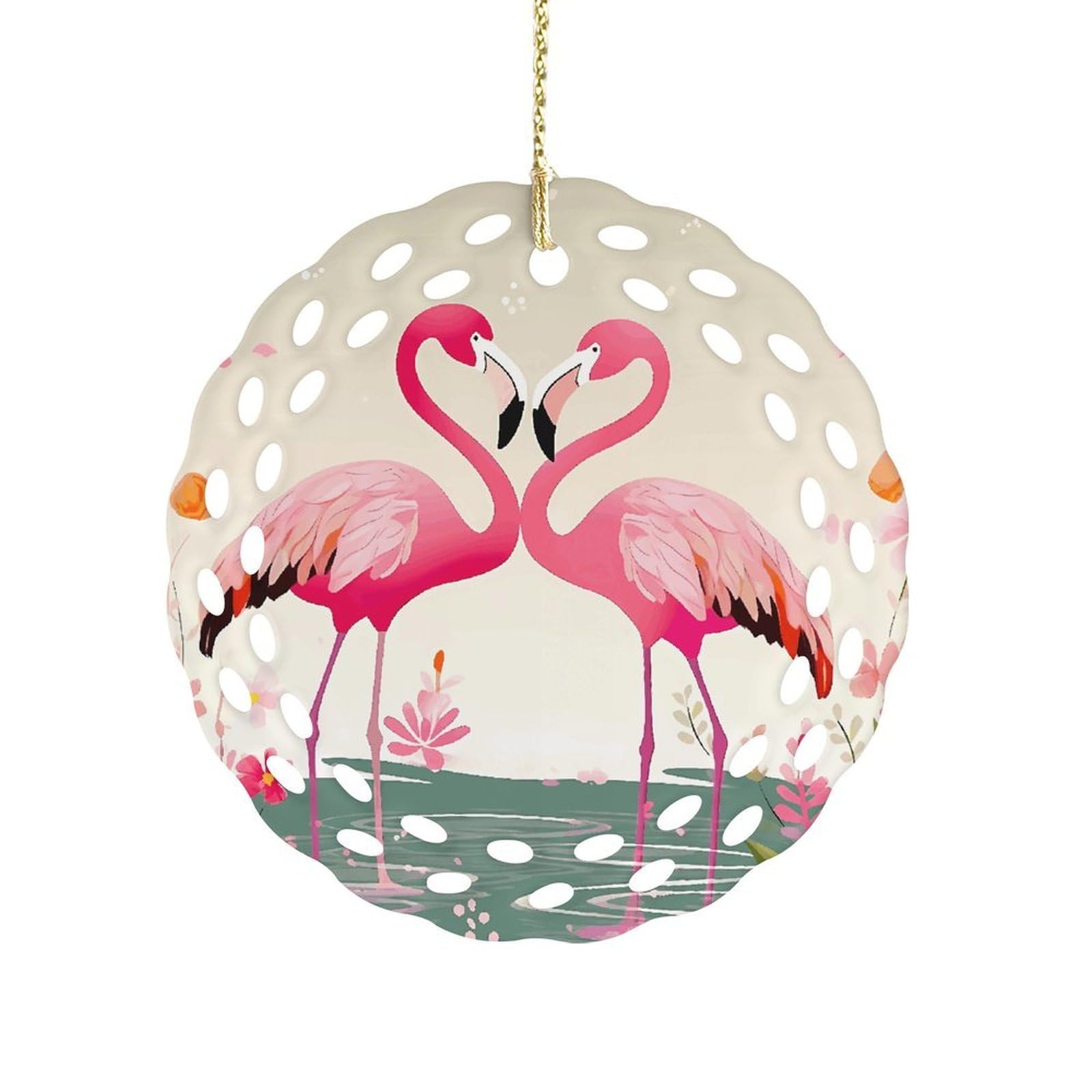 Fodpand Women's Style Flamingos And Flowers Ceramic Ornament For Home Decor 3.2" Round Tree Decoration Christmas Ornaments For Men Double-Sided Design