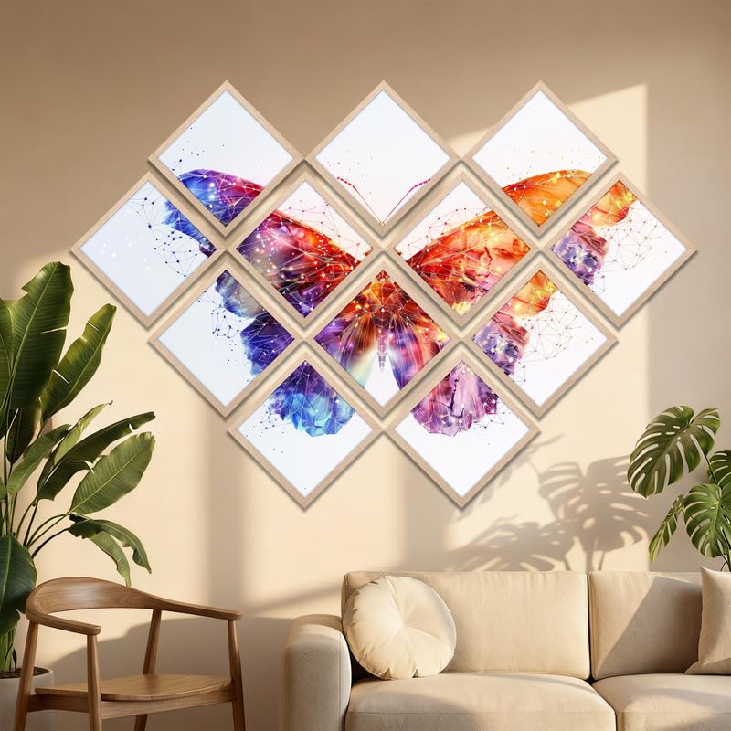 Image of NoWorries Diamond Shape Wall Painting Set 12 with Frame | Colorful Butterfly Multi Frame Artwork, Modern Abstract Wall Decor for Living Room, Bedroom, Office and Home Decoration (Art-5, Frame Size-10x10 inches)
