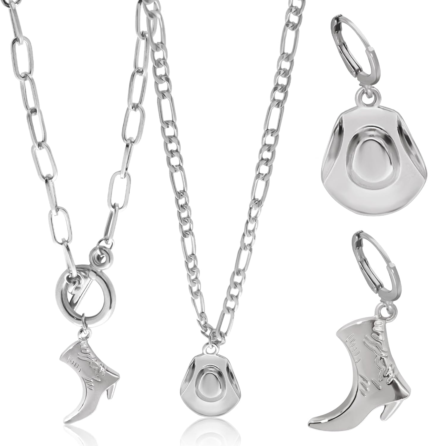 RechicGu Cowgirl Western Necklace Earrings Jewelry Set For Women,Chunky Paperclip Figaro Chain Necklace with Boots Hat Pendant,Boot Hat Drop Dangle Hoop Earrings, Western Country Gift