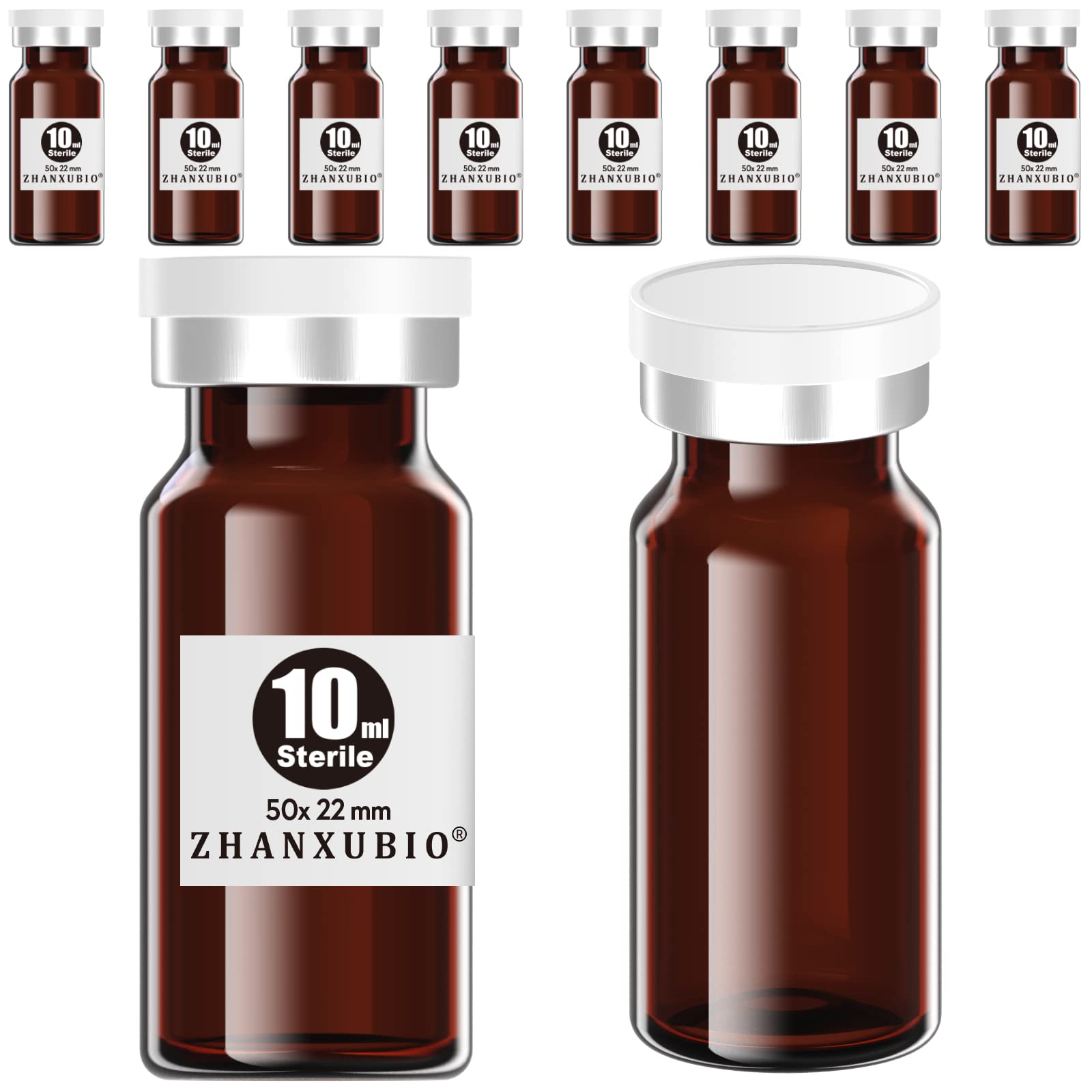 ZHANXUBIO Sterile Empty Vials with Self Healing Injection Port and Aluminum Plastic Cap,Sterile Package (10ml Amber 10PCS)