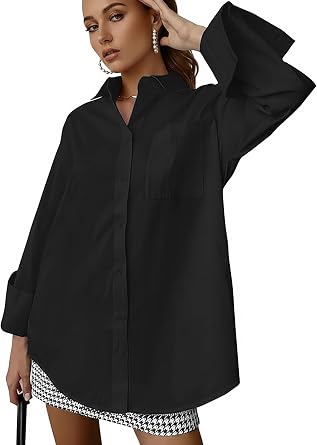 Womens Oversize Collar Button Down Long Sleeve Work Blouse Top