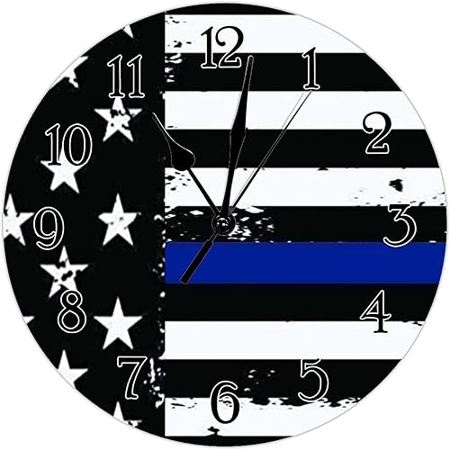 Reloj de pared con bandera estadounidense de línea azul delgada para pared, rústico, de 12 pulgadas, con línea azul fina, bandera americana, reloj