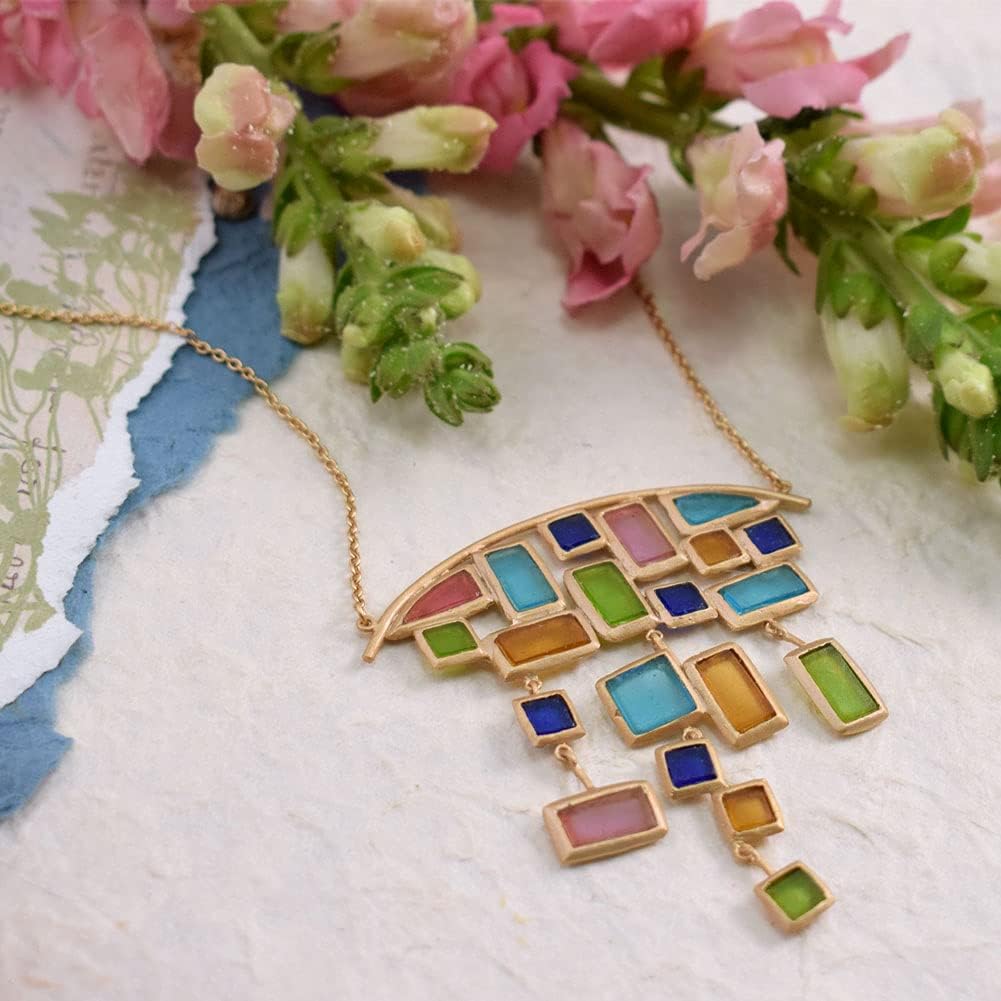 American Handmade Cast Artisan Glass & Gold-Plated Multicolor Mosaic Statement Necklace | Michael Vincent Michaud Collection
