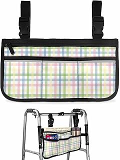 Spring Easter Wheelchair Side Bag Walker Bag, Watercolor Checkered Wheelchair Accessories Armrest Pouch, Organizer Storage Bag for Walkers, Rollators, Scooters, 7.3'x13'