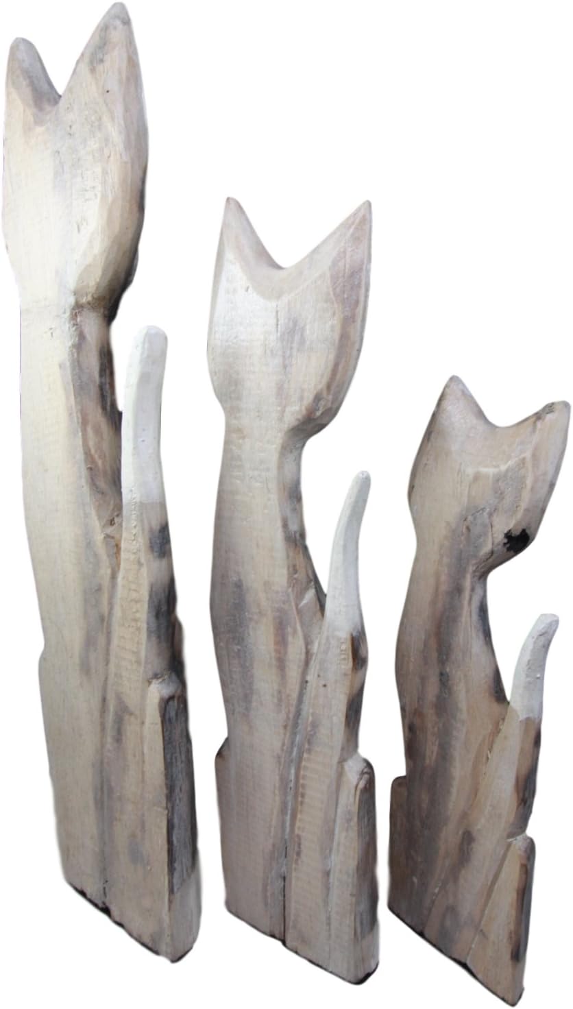Balikraft Hand Made Wood Artisans "Kucing Bayang" Large Tan Feline Cats Family Set of 3 Decorative Figurines 20"H