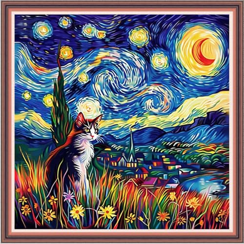 Image of Dooxvey Cross Stitch Kits for Adults Beginners,Full Range of Cross-Stitch Stamped Kits Needlepoint Kits for Beginners Embroidery Kits 11CT Cross Stitch Patterns-Cat Van Gogh's Starry Night. 18x18 inch
