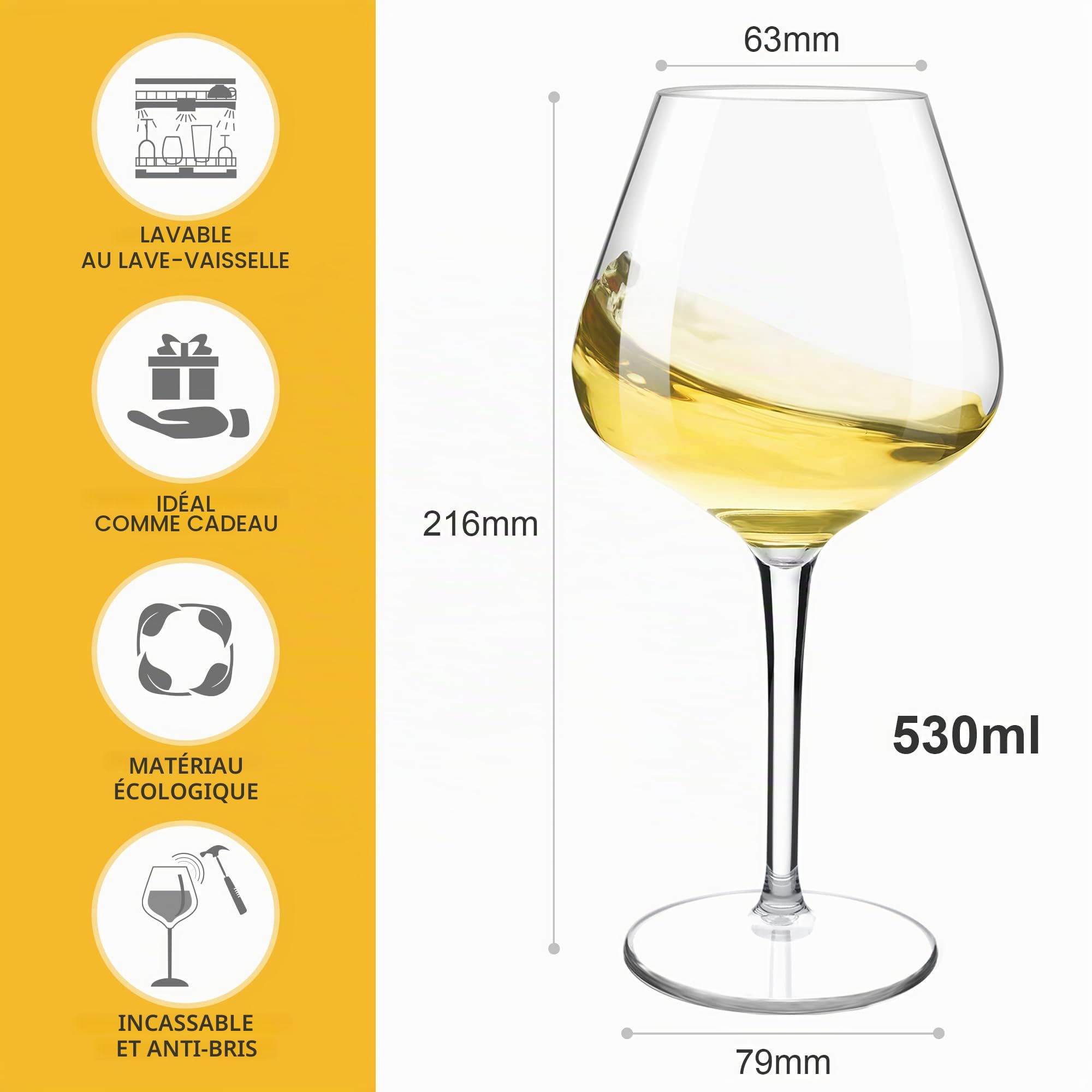Incassable Verres à Vin Rouge Blanc en Tritan-Plastique Cadeaux de Mariage, Lavable au Lave-vaisselle, 530 ML, Lot de 4