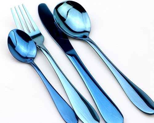 Miniatura 3 de JASHII Juego de cubiertos azules de 16 piezas de cubiertos de acero inoxidable 304 pulido con espejo, duradero, servicio de vajilla para 4, apto